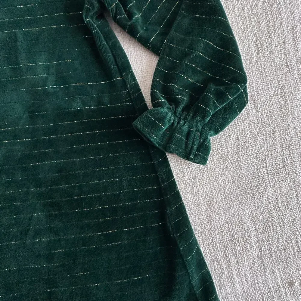 Mini Boden Emerald Green & Gold Stripe Velour Dress VGUC 5/6